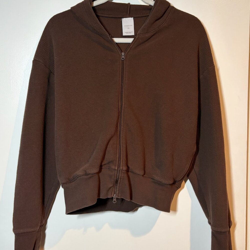 Negative Underwear Waffle Knit Zip-Up Hoodie M Brown - Picture 6 of 10